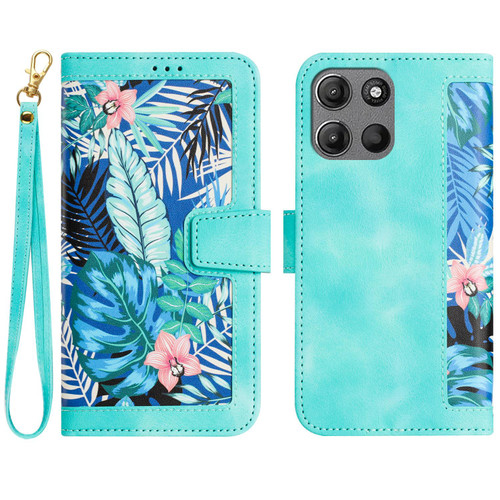 Moto G 2025 Floral Pattern Leather Phone Case with Lanyard - Green